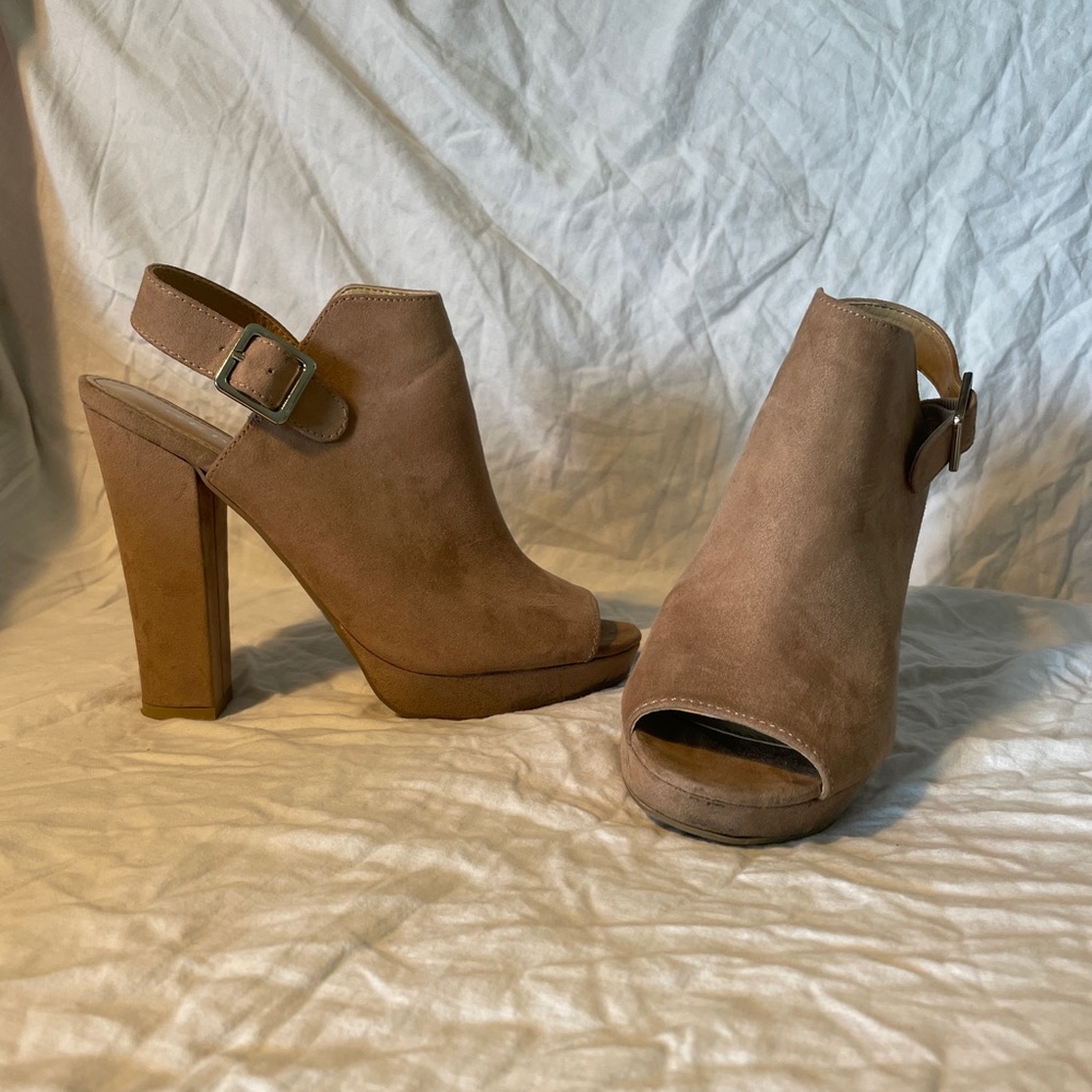 Report platform taupe peep toe suede ankle booties